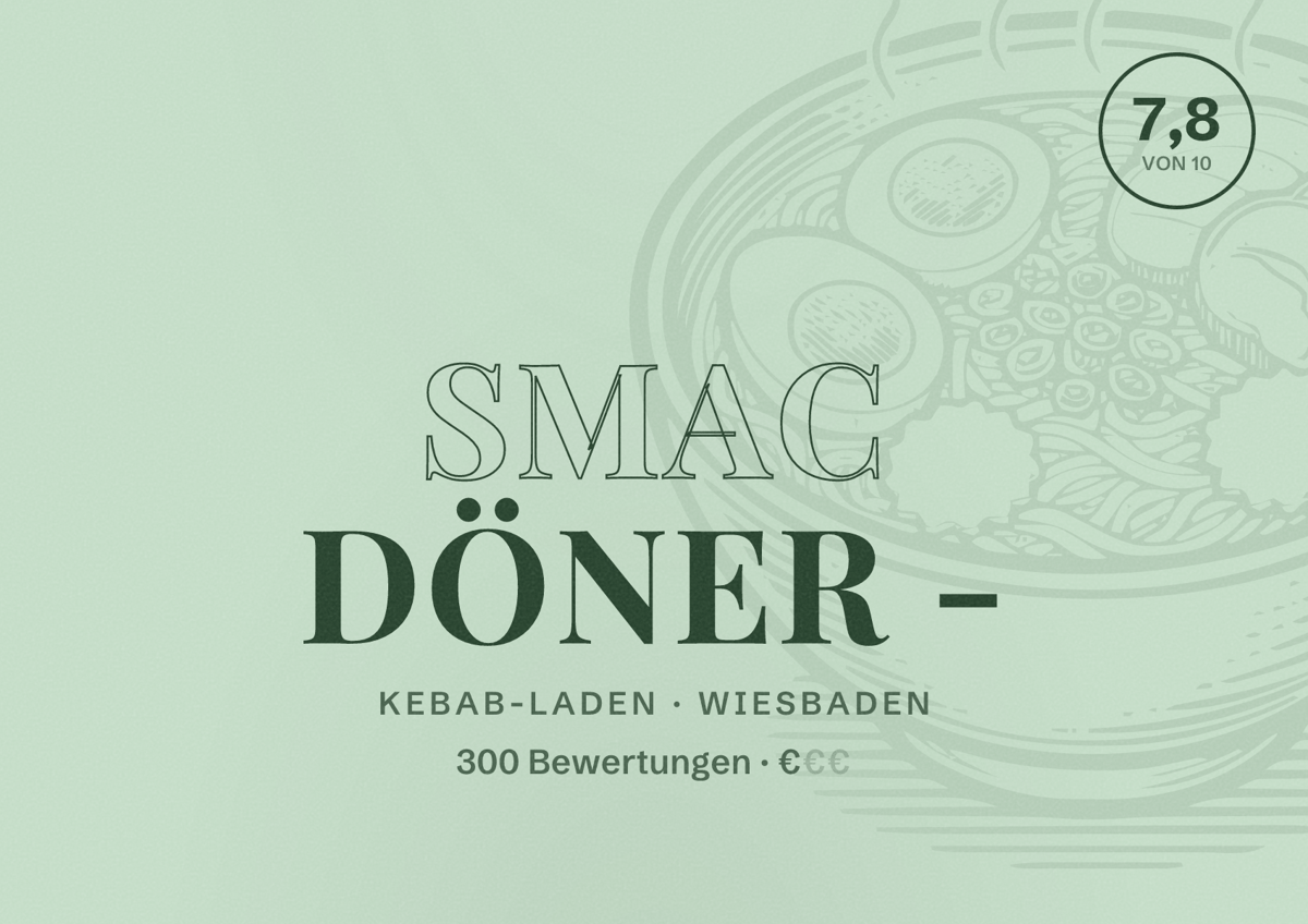 Illustriertes Poster von sMac Döner -, Kebab-Laden in Wiesbaden: Bewertung 7,8 von 10 aus 300 Bewertungen, Preisniveau €