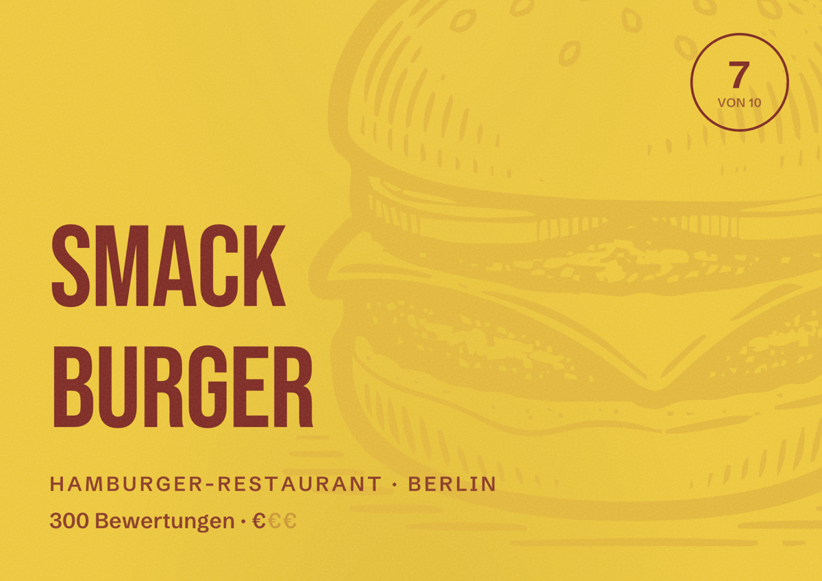 Illustriertes Poster von Smack Burger, Hamburger-Restaurant in Berlin: Bewertung 7,0 von 10 aus 300 Bewertungen, Preisniveau €