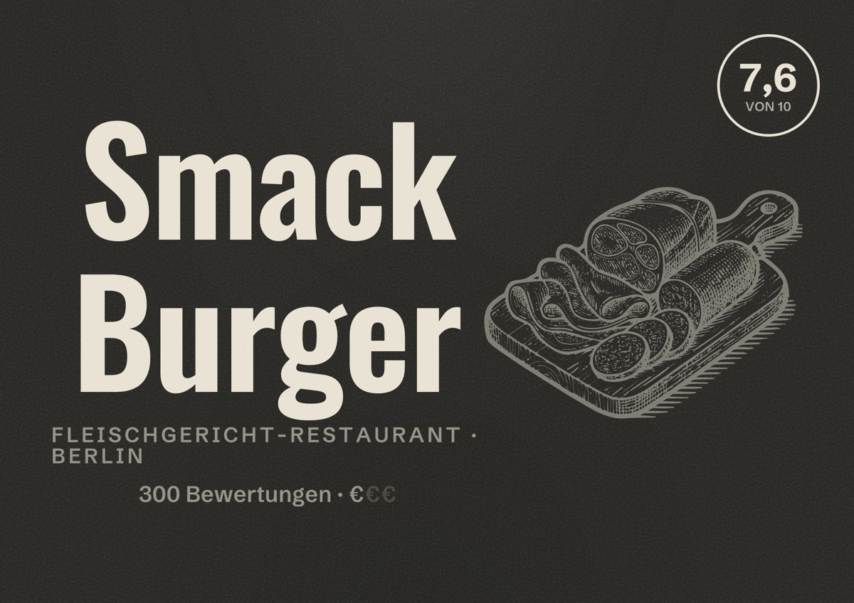 Illustriertes Poster von Smack Burger, Fleischgericht-Restaurant in Berlin: Bewertung 7,6 von 10 aus 300 Bewertungen, Preisniveau €