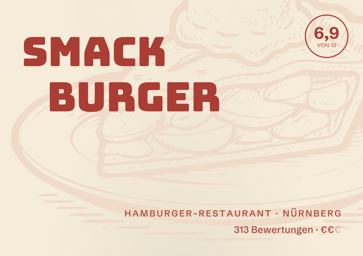 Illustriertes Poster von Smack Burger, Hamburger-Restaurant in Nürnberg: Gästebewertung 6,9 von 10 aus 313 Bewertungen