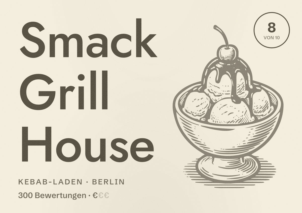 Illustriertes Poster von Smack Grill House, Kebab-Laden in Berlin: Bewertung 8,0 von 10 aus 300 Bewertungen, Preisniveau €