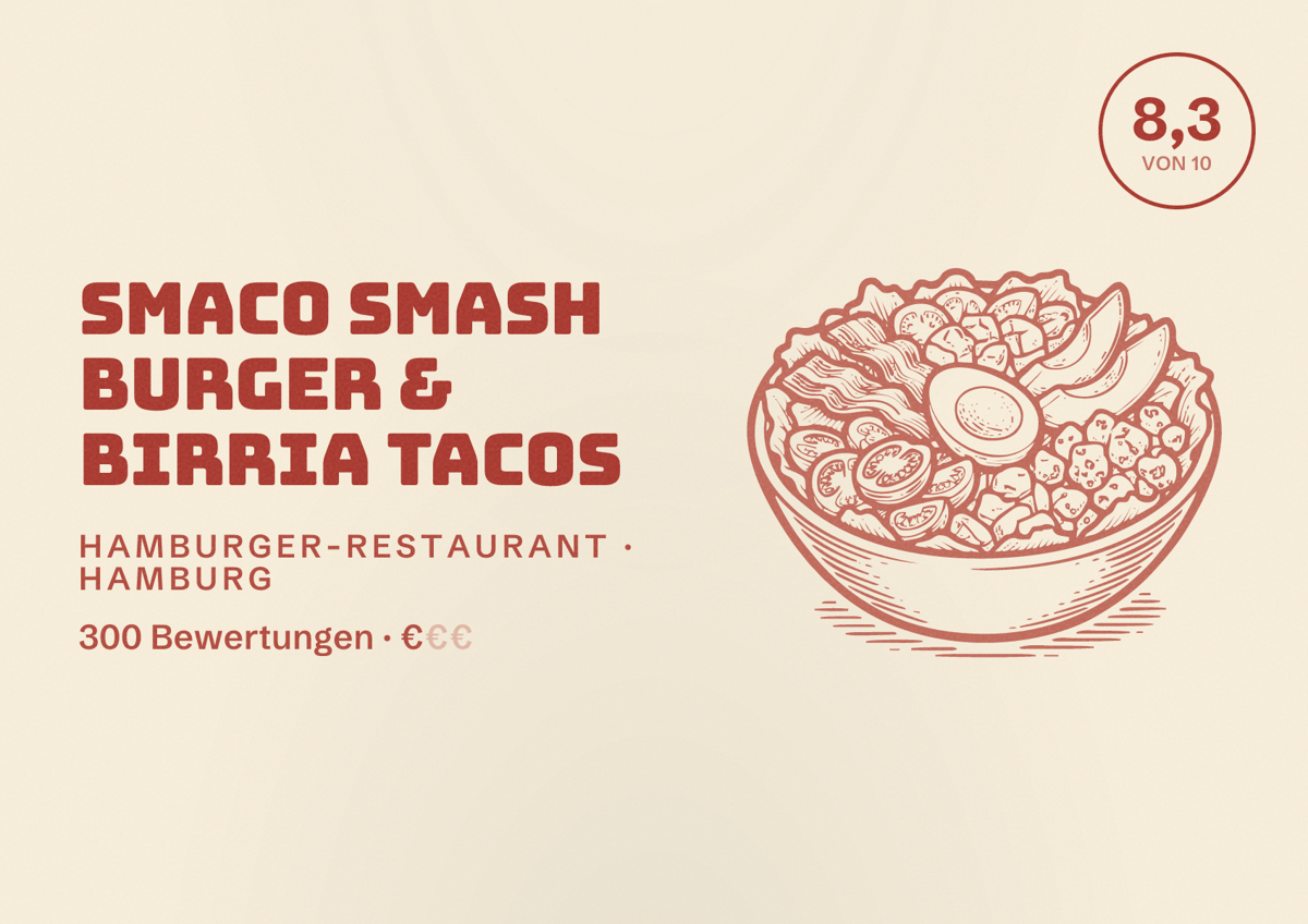Illustriertes Poster von SMACO Smash Burger & Birria Tacos, Hamburger-Restaurant in Hamburg: Bewertung 8,3 von 10 aus 300 Bewertungen, Preisniveau €