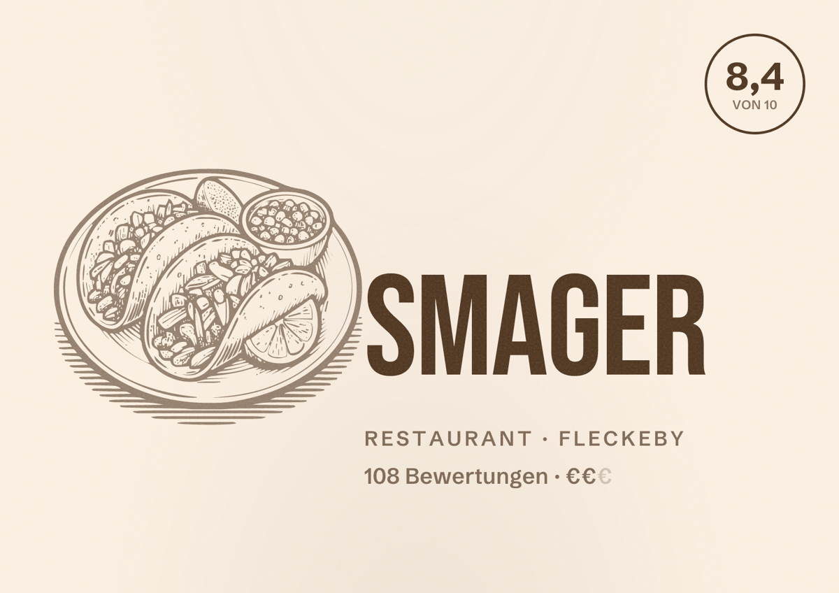 Illustriertes Poster von Smager, Restaurant in Fleckeby: Bewertung 8,4 von 10 aus 108 Bewertungen, Preisniveau €€