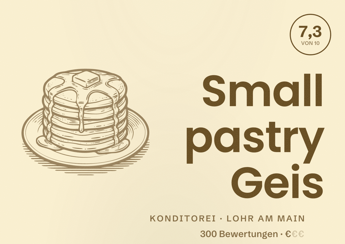 Illustriertes Poster von Small pastry Geis, Konditorei in Lohr am Main: Bewertung 7,3 von 10 aus 300 Bewertungen, Preisniveau €