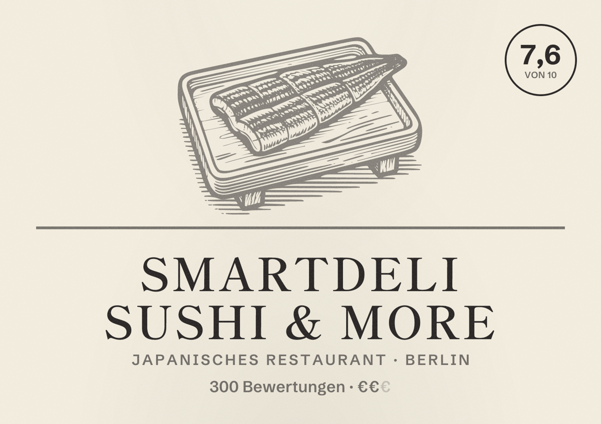 Illustriertes Poster von Smartdeli Sushi & More, Japanisches Restaurant in Berlin: Bewertung 7,6 von 10 aus 300 Bewertungen, Preisniveau €€