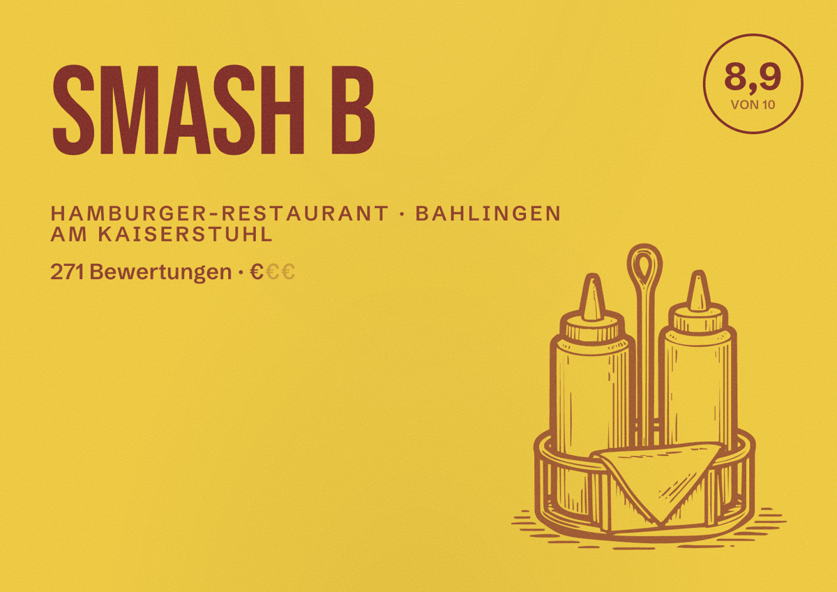 Illustriertes Poster von Smash B, Hamburger-Restaurant in Bahlingen am Kaiserstuhl: Bewertung 8,9 von 10 aus 271 Bewertungen, Preisniveau €