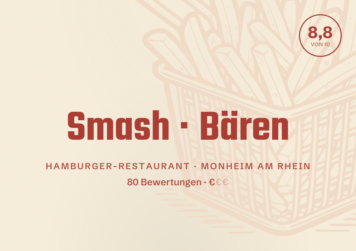 Illustriertes Poster von Smash Bären, Hamburger-Restaurant in Monheim am Rhein: Bewertung 8,8 von 10 aus 80 Bewertungen, Preisniveau €