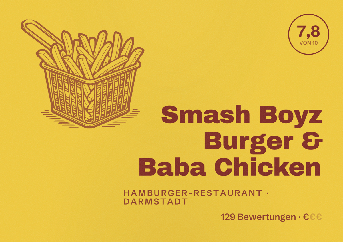 Illustriertes Poster von Smash Boyz Burger & Baba Chicken, Hamburger-Restaurant in Darmstadt: Bewertung 7,8 von 10 aus 129 Bewertungen, Preisniveau €