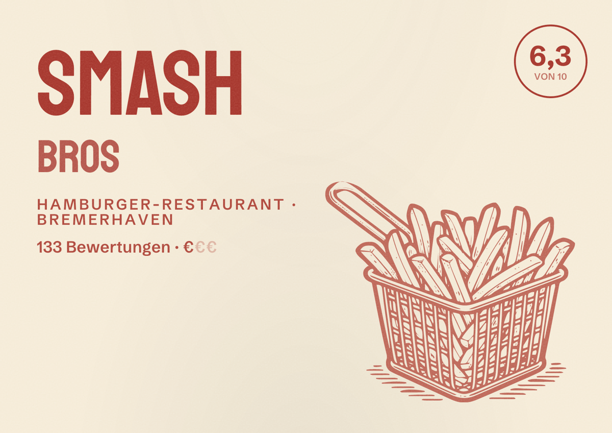 Illustriertes Poster von Smash Bros, Hamburger-Restaurant in Bremerhaven: Bewertung 6,3 von 10 aus 133 Bewertungen, Preisniveau €