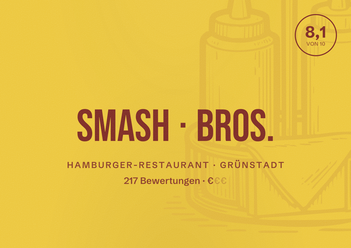Illustriertes Poster von Smash Bros., Hamburger-Restaurant in Grünstadt: Bewertung 8,1 von 10 aus 217 Bewertungen, Preisniveau €