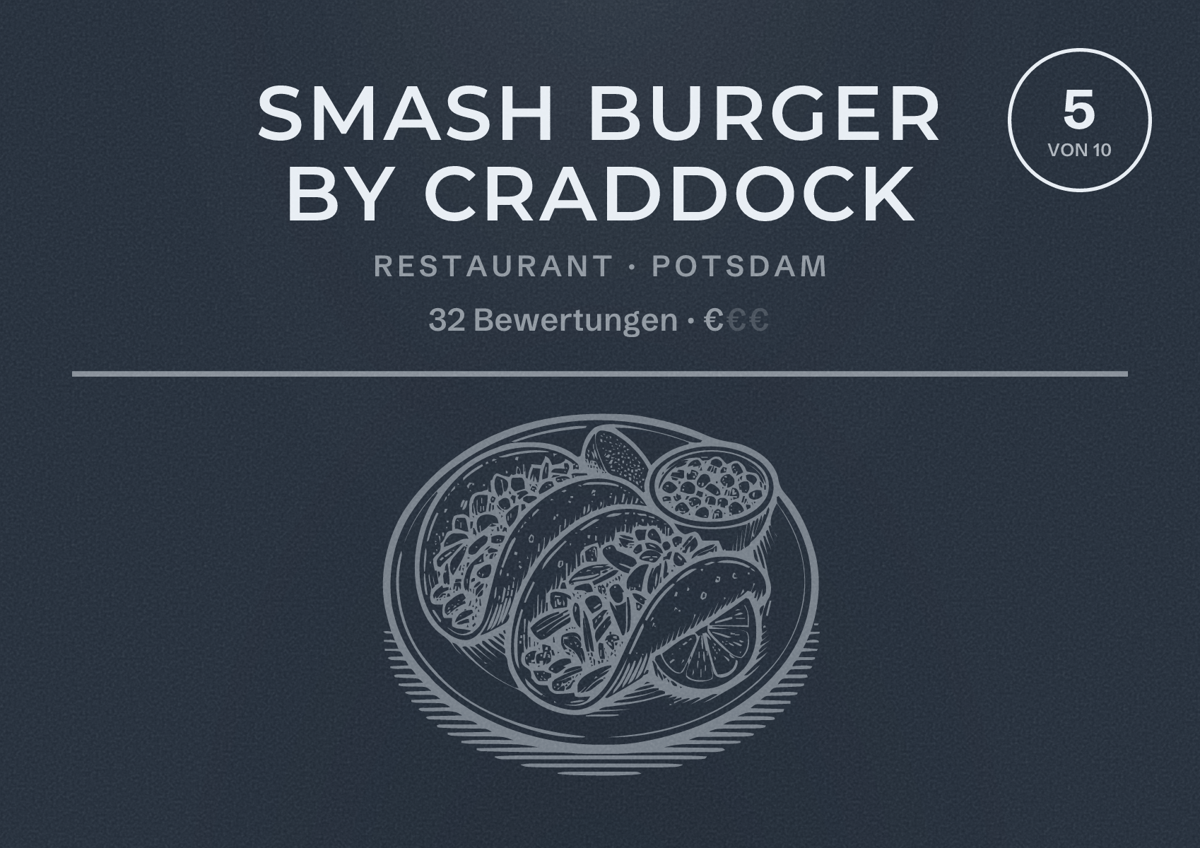 Illustriertes Poster von Smash Burger by Craddock, Restaurant in Potsdam: Bewertung 5 von 10 aus 32 Bewertungen, Preisniveau €