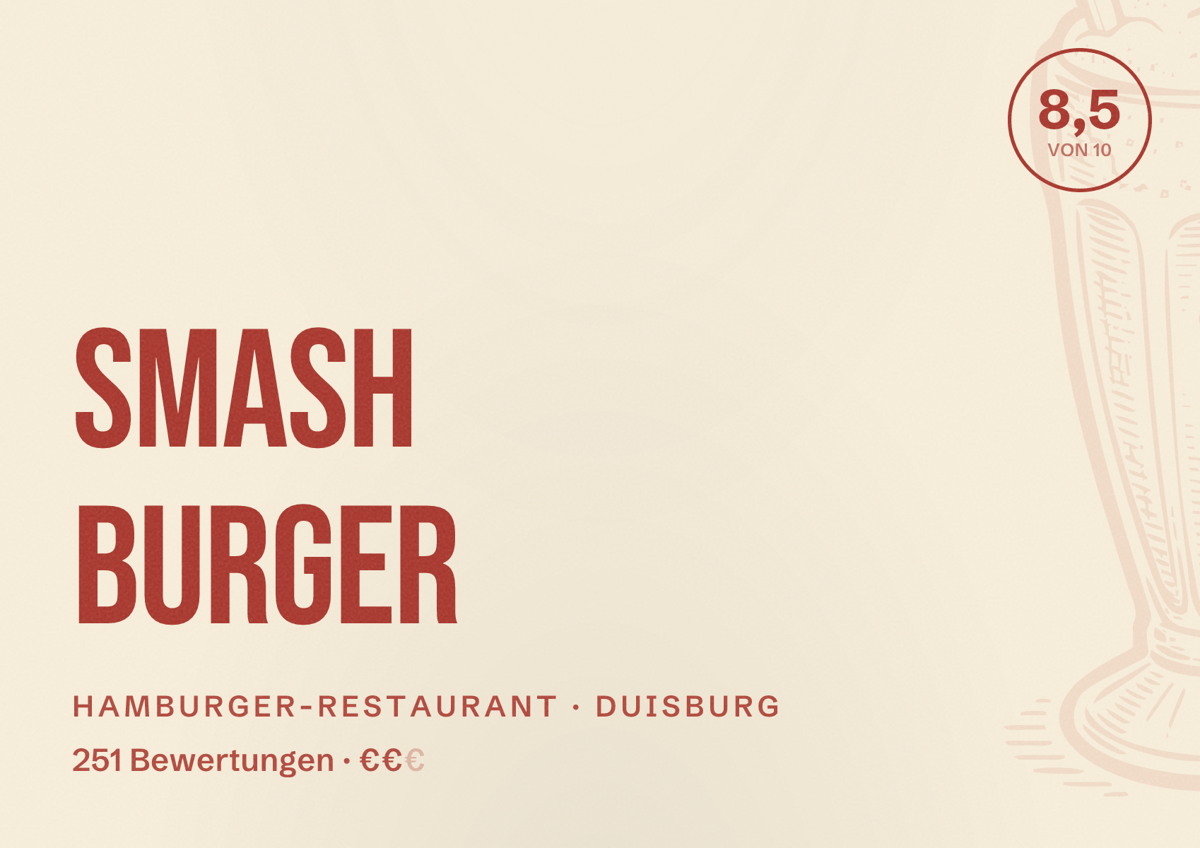 Illustriertes Poster von Smash Burger, Hamburger-Restaurant in Duisburg: Bewertung 8,5 von 10 aus 251 Bewertungen, Preisniveau €€