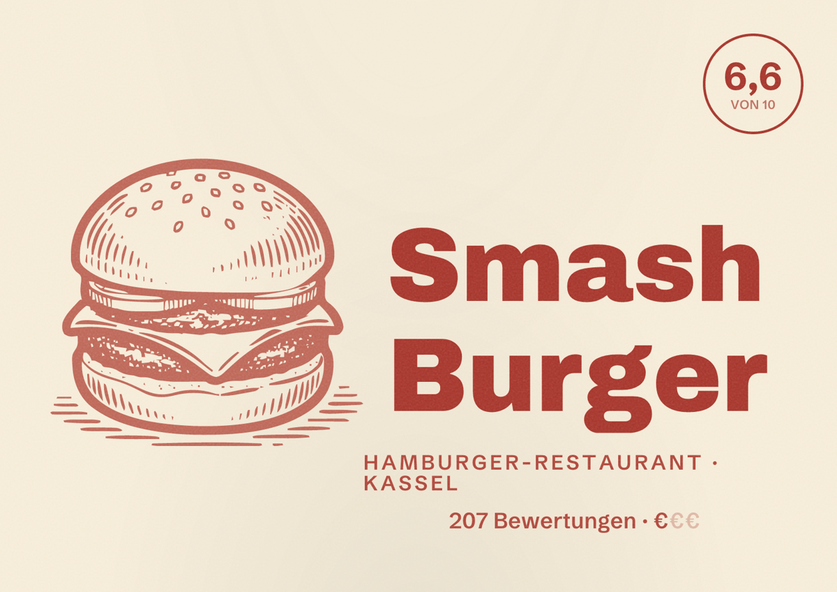 Illustriertes Poster von Smash Burger, Hamburger-Restaurant in Kassel: Bewertung 6,6 von 10 aus 207 Bewertungen, Preisniveau €