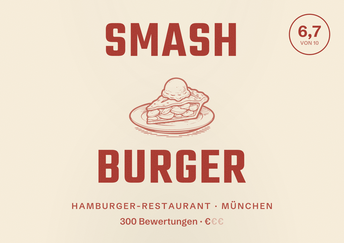Illustriertes Poster von Smash Burger, Hamburger-Restaurant in München: Bewertung 6,7 von 10 aus 300 Bewertungen, Preisniveau €