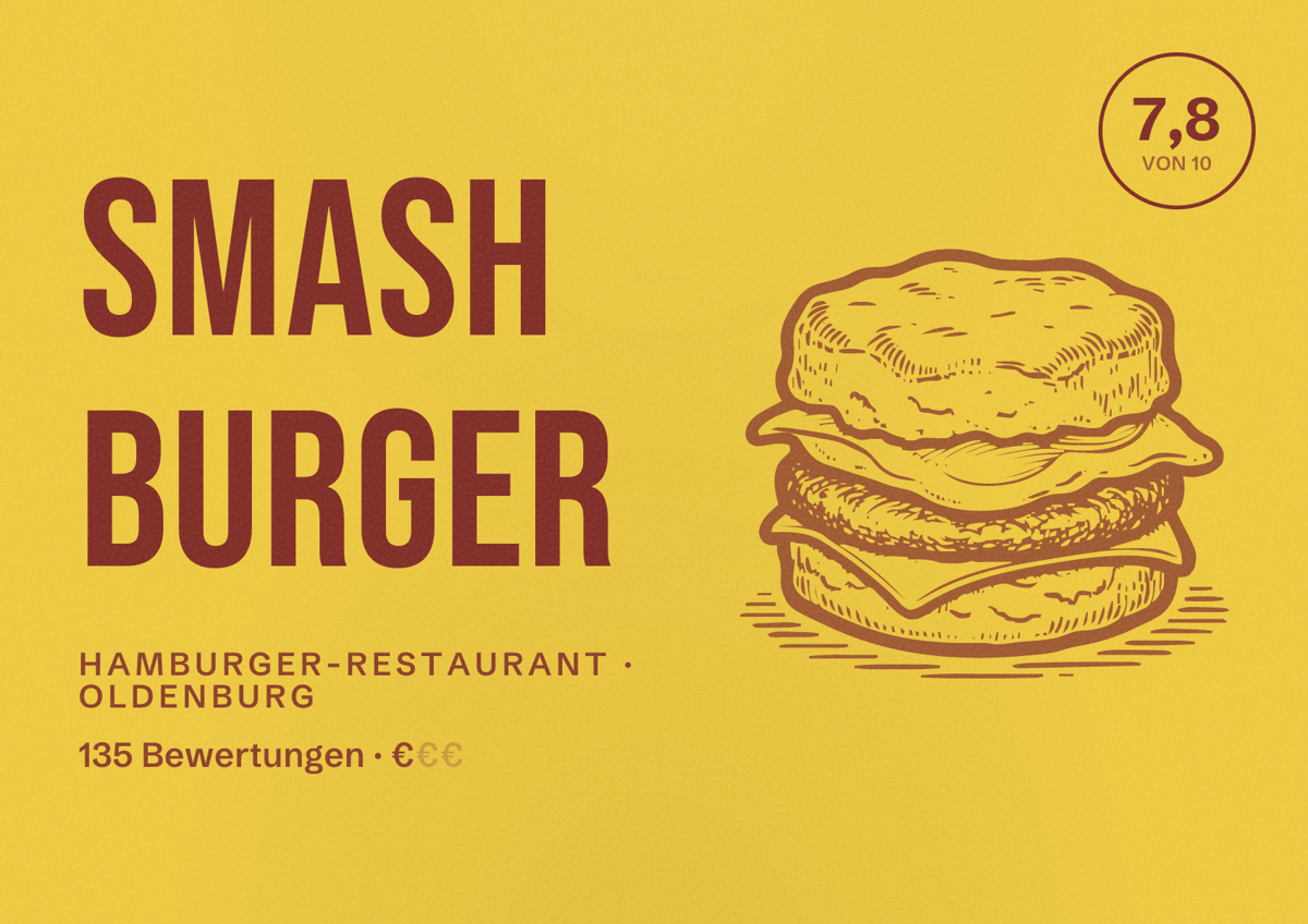 Illustriertes Poster von SMASH BURGER, Hamburger-Restaurant in Oldenburg: Bewertung 7,8 von 10 aus 135 Bewertungen, Preisniveau €
