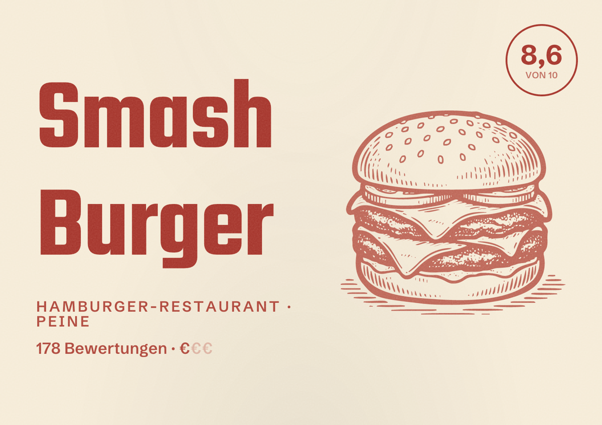 Illustriertes Poster von Smash Burger, Hamburger-Restaurant in Peine: Bewertung 8,6 von 10 aus 178 Bewertungen, Preisniveau €