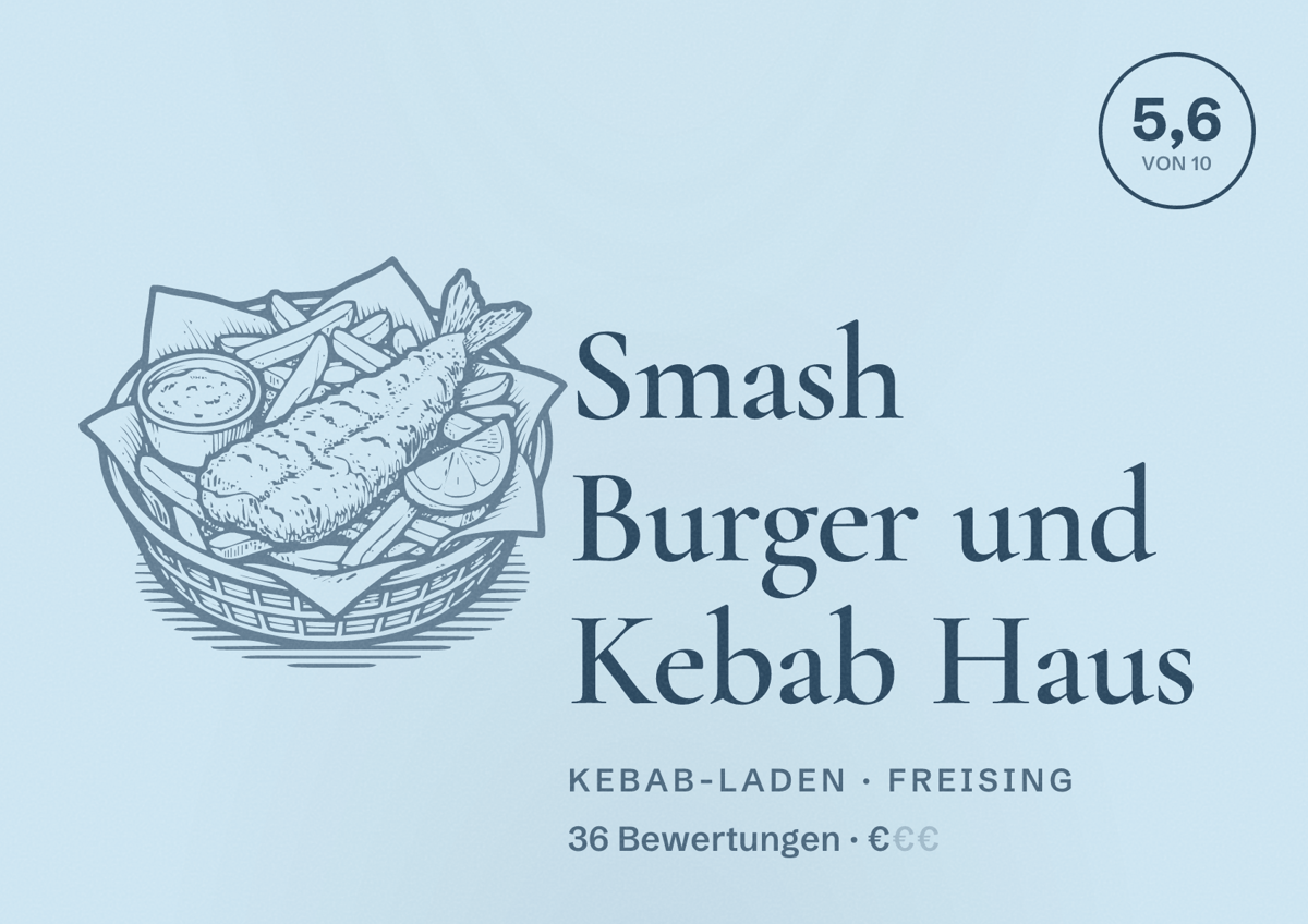 Illustriertes Poster von Smash Burger und Kebab Haus, Kebab-Laden in Freising: Bewertung 5,6 von 10 aus 36 Bewertungen, Preisniveau €