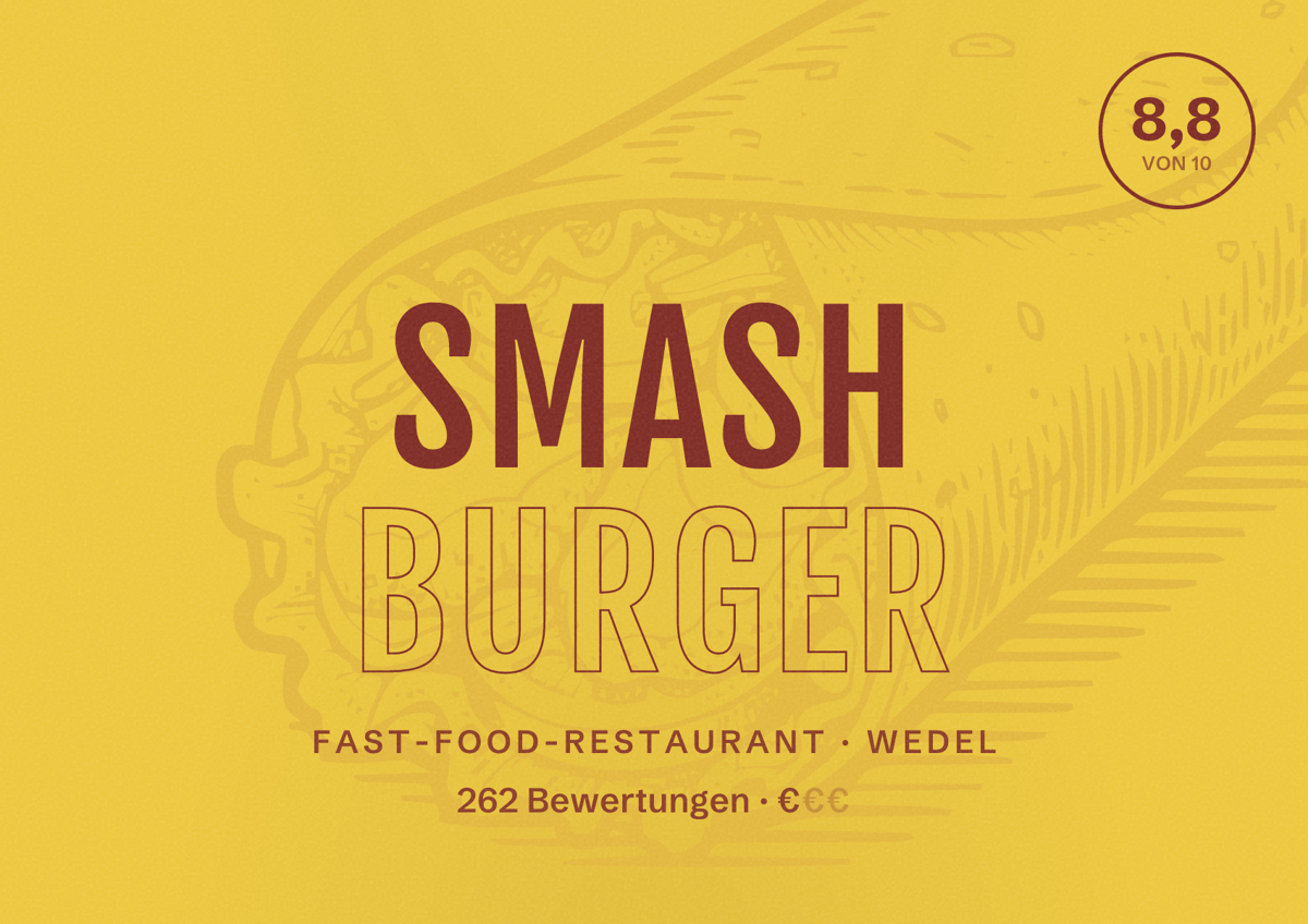 Illustriertes Poster von Smash Burger, Fast-Food-Restaurant in Wedel: Bewertung 8,8 von 10 aus 262 Bewertungen, Preisniveau €