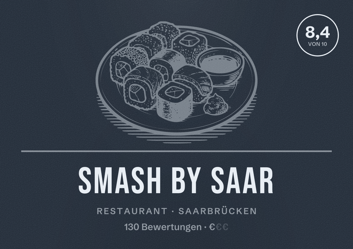 Illustriertes Poster von Smash by Saar, Restaurant in Saarbrücken: Bewertung 8,4 von 10 aus 130 Bewertungen, Preisniveau €