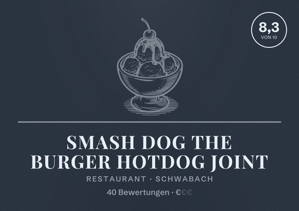 Illustriertes Poster von Smash Dog the Burger Hotdog Joint, Restaurant in Schwabach: Bewertung 8,3 von 10 aus 40 Bewertungen, Preisniveau €