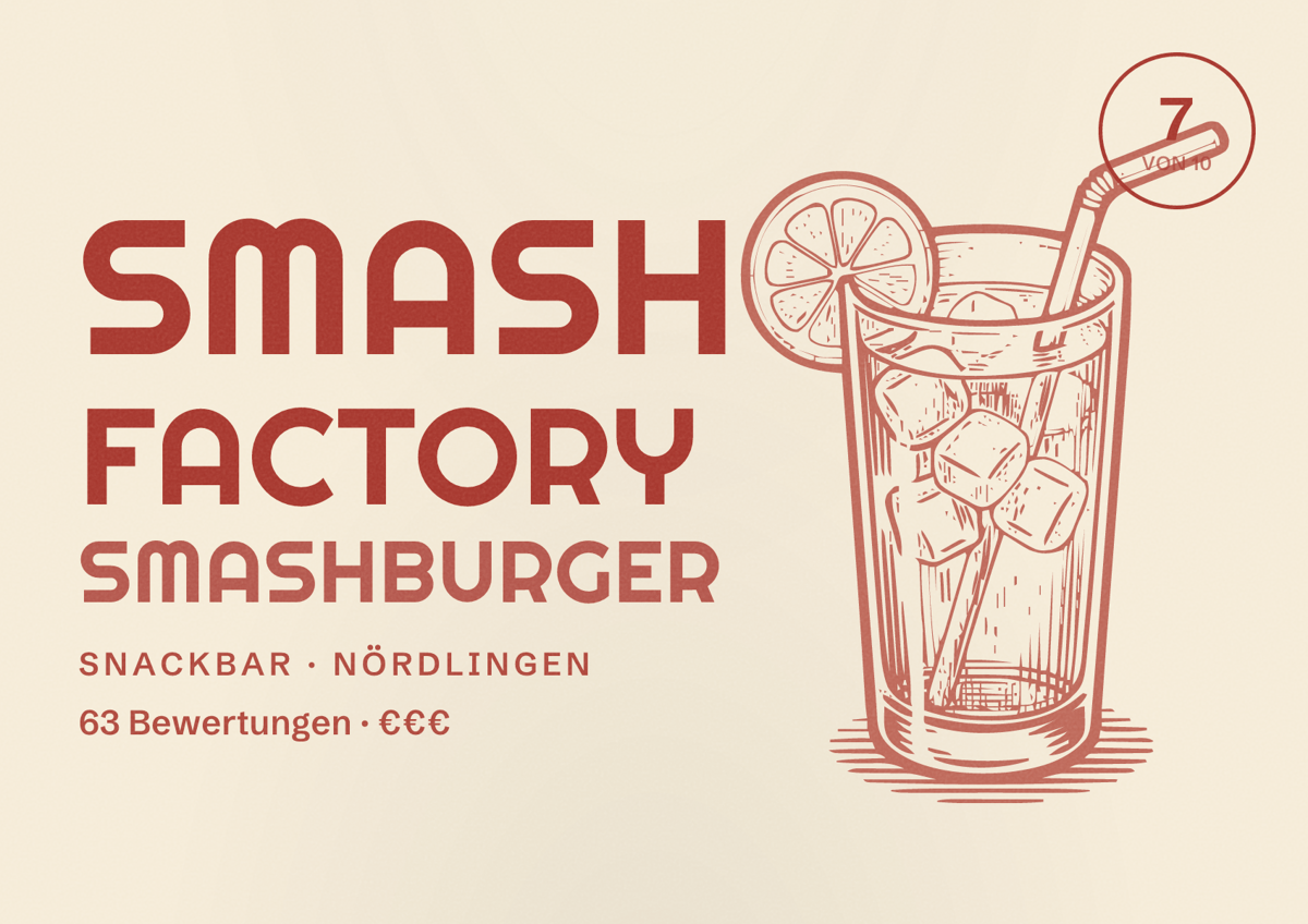 Illustriertes Poster von Smash Factory SmashBurger, Snackbar in Nördlingen: Bewertung 7 von 10 aus 63 Bewertungen, Preisniveau €€€