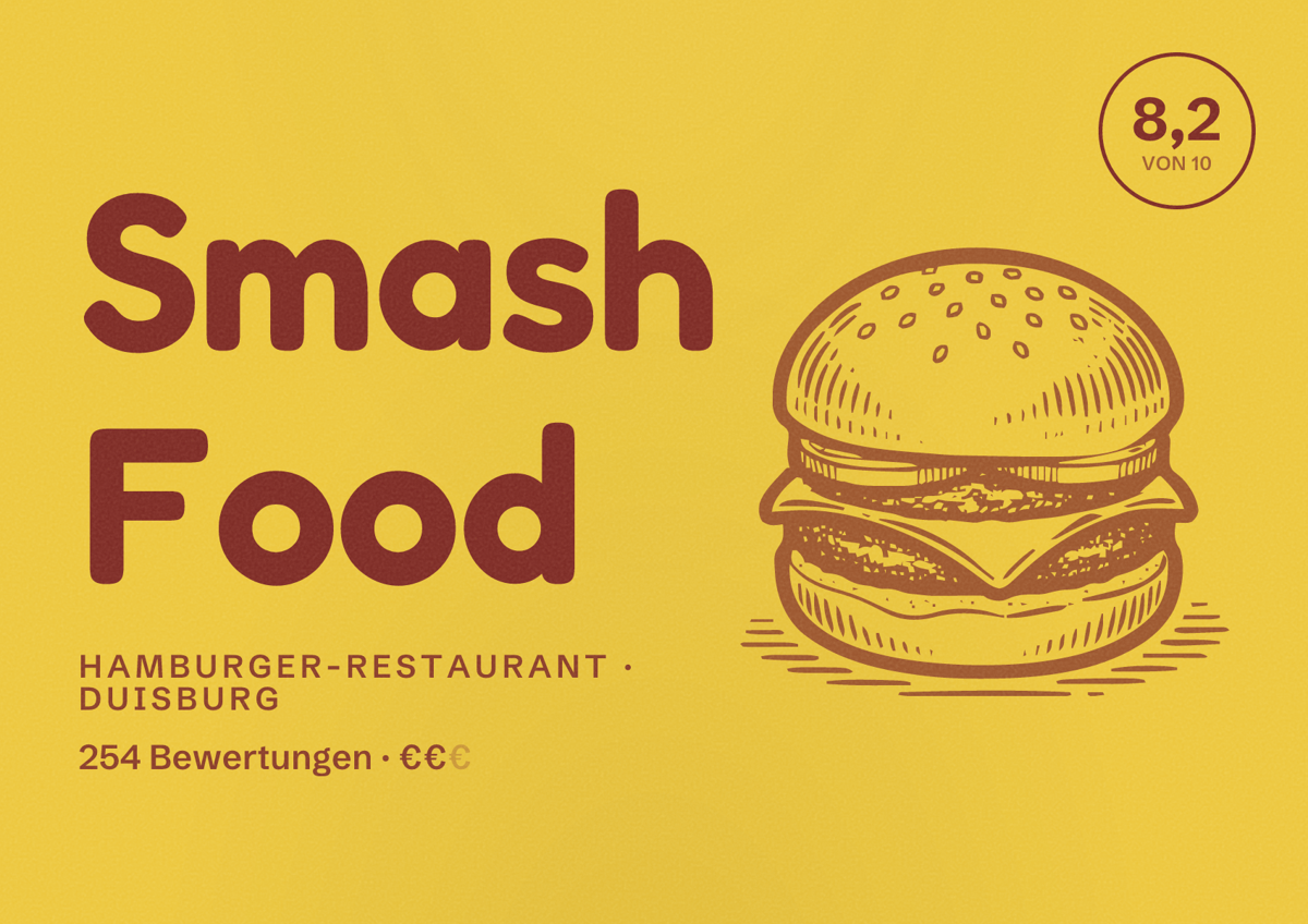 Illustriertes Poster von Smash Food, Hamburger-Restaurant in Duisburg: Bewertung 8,2 von 10 aus 254 Bewertungen, Preisniveau €€