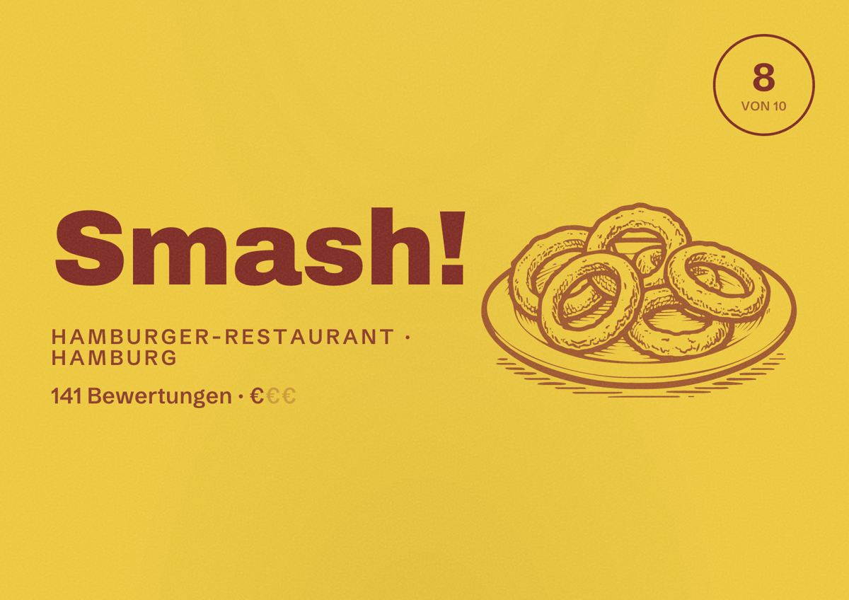 Illustriertes Poster von Smash!, Hamburger-Restaurant in Hamburg: Bewertung 8,0 von 10 aus 141 Bewertungen, Preisniveau €