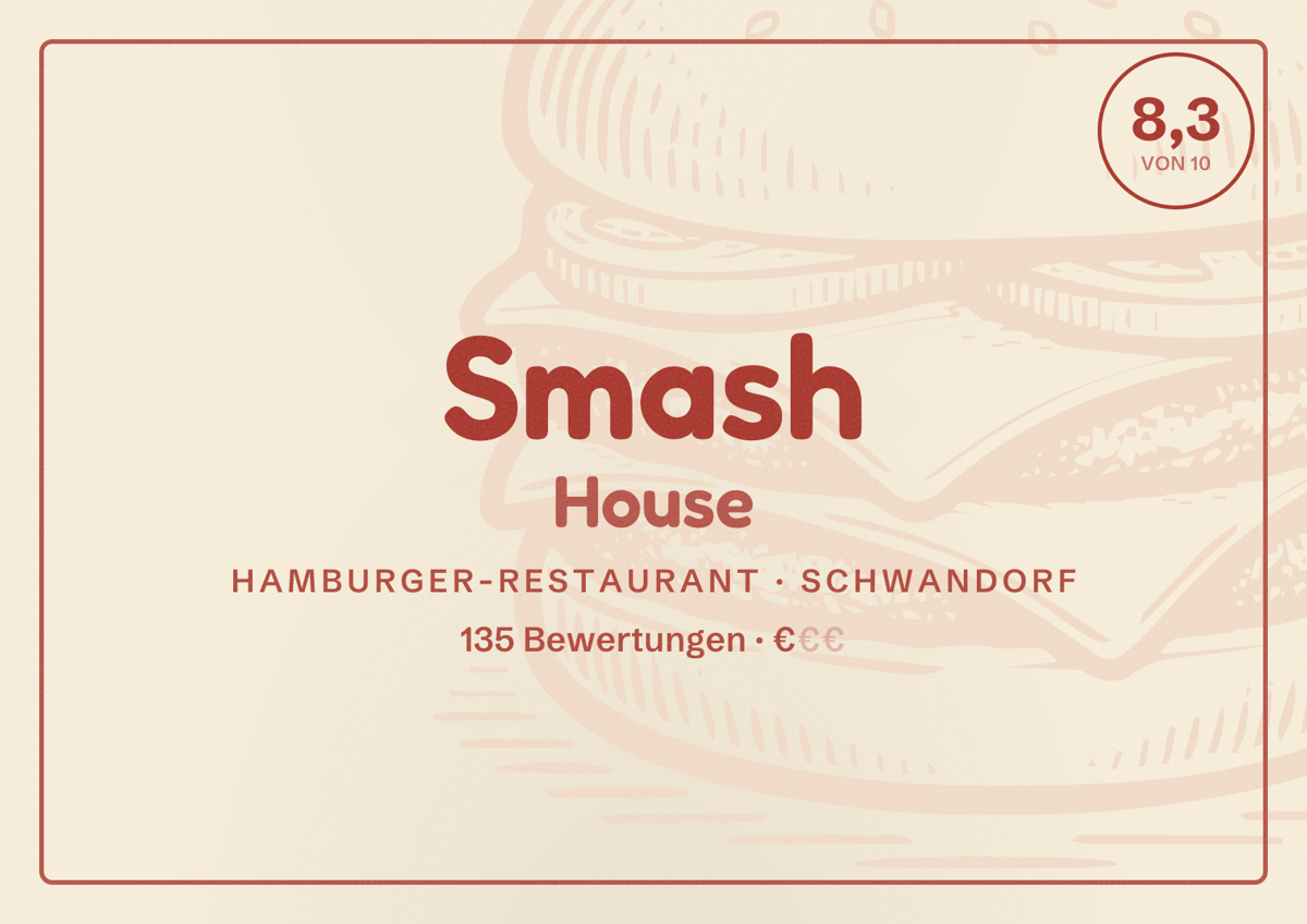 Illustriertes Poster von Smash House, Hamburger-Restaurant in Schwandorf: Bewertung 8,3 von 10 aus 135 Bewertungen, Preisniveau €