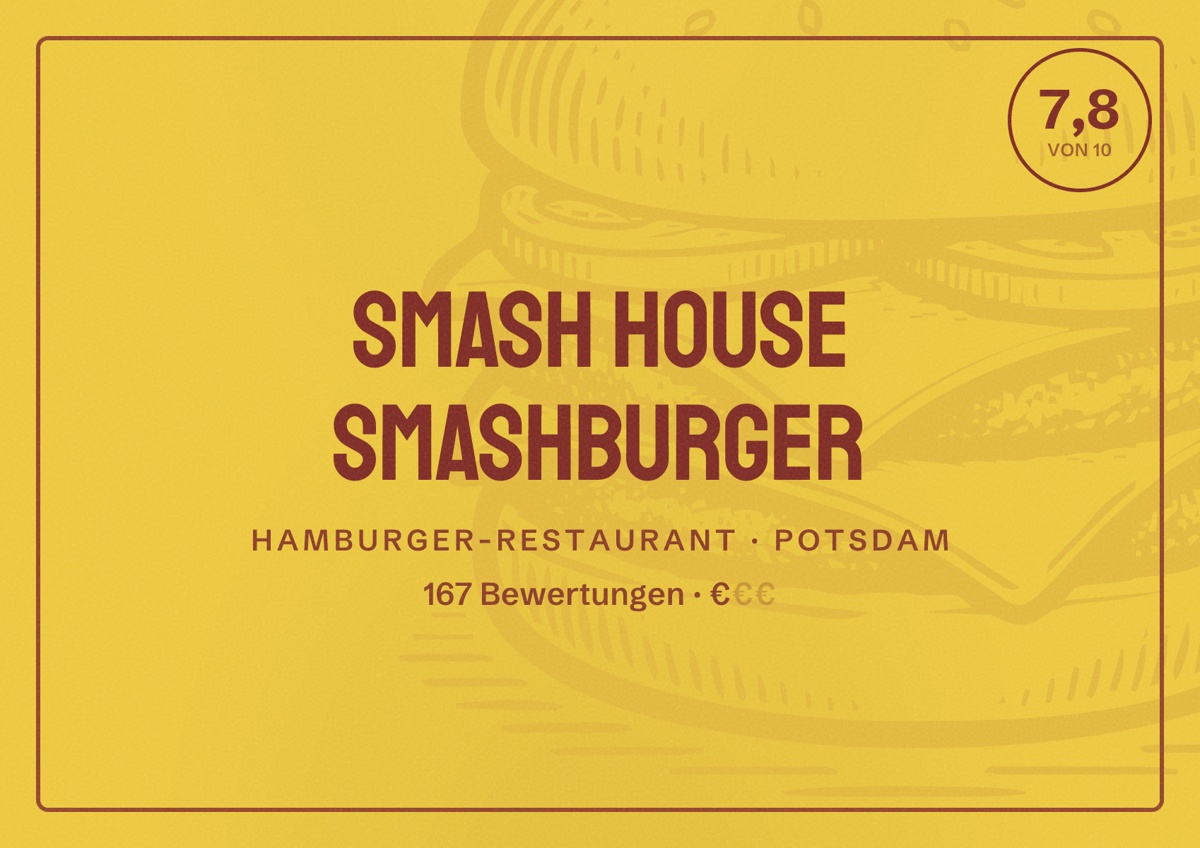 Illustriertes Poster von Smash House Smashburger, Hamburger-Restaurant in Potsdam: Bewertung 7,8 von 10 aus 167 Bewertungen, Preisniveau €