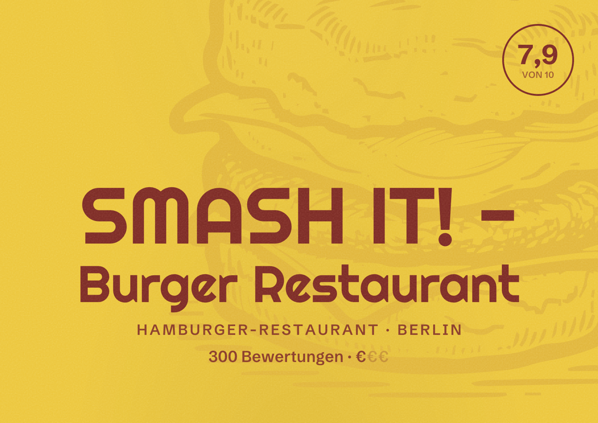 Illustriertes Poster von SMASH IT! - Burger Restaurant, Hamburger-Restaurant in Berlin: Bewertung 7,9 von 10 aus 300 Bewertungen, Preisniveau €