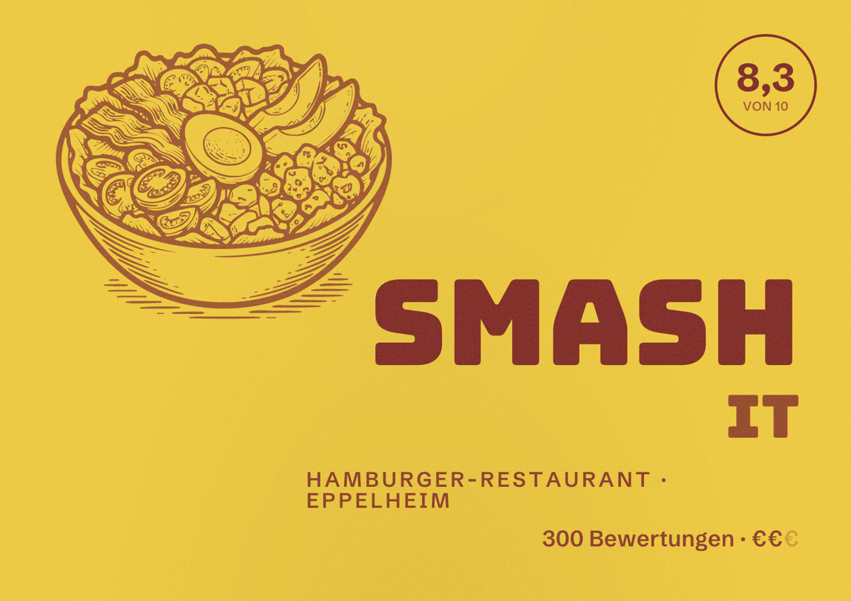 Illustriertes Poster von Smash It, Hamburger-Restaurant in Eppelheim: Bewertung 8,3 von 10 aus 300 Bewertungen, Preisniveau €€