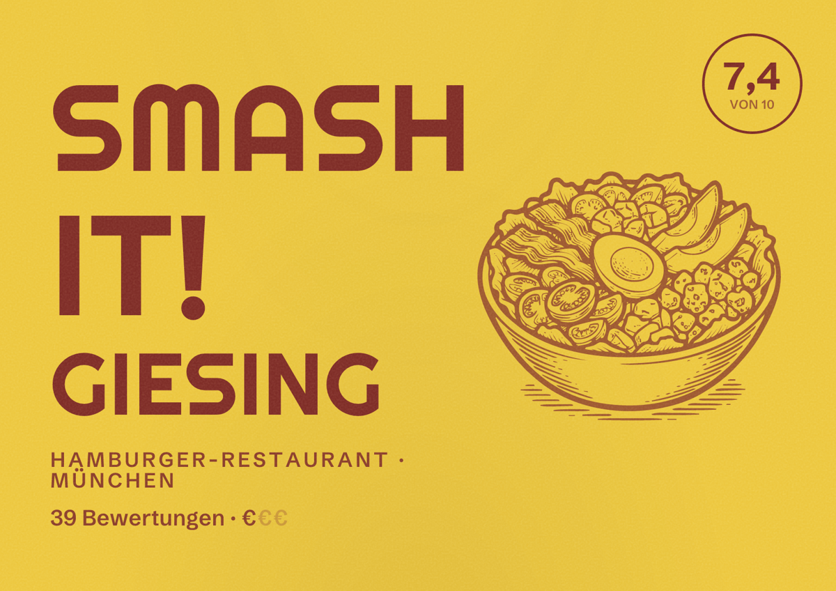 Illustriertes Poster von SMASH IT! GIESING, Hamburger-Restaurant in München: Bewertung 7,4 von 10 aus 39 Bewertungen, Preisniveau €