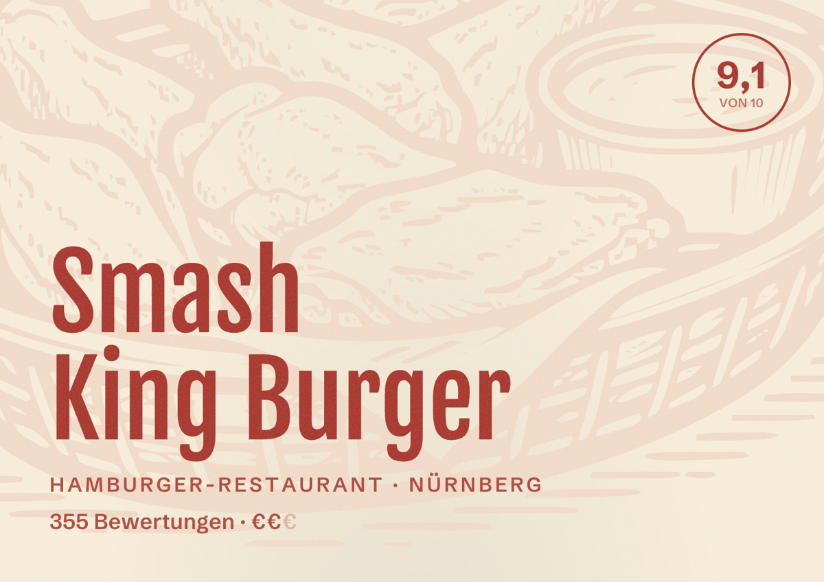 Illustriertes Poster von Smash King Burger, Hamburger-Restaurant in Nürnberg: Bewertung 9,1 von 10 aus 355 Bewertungen, Preisniveau €€
