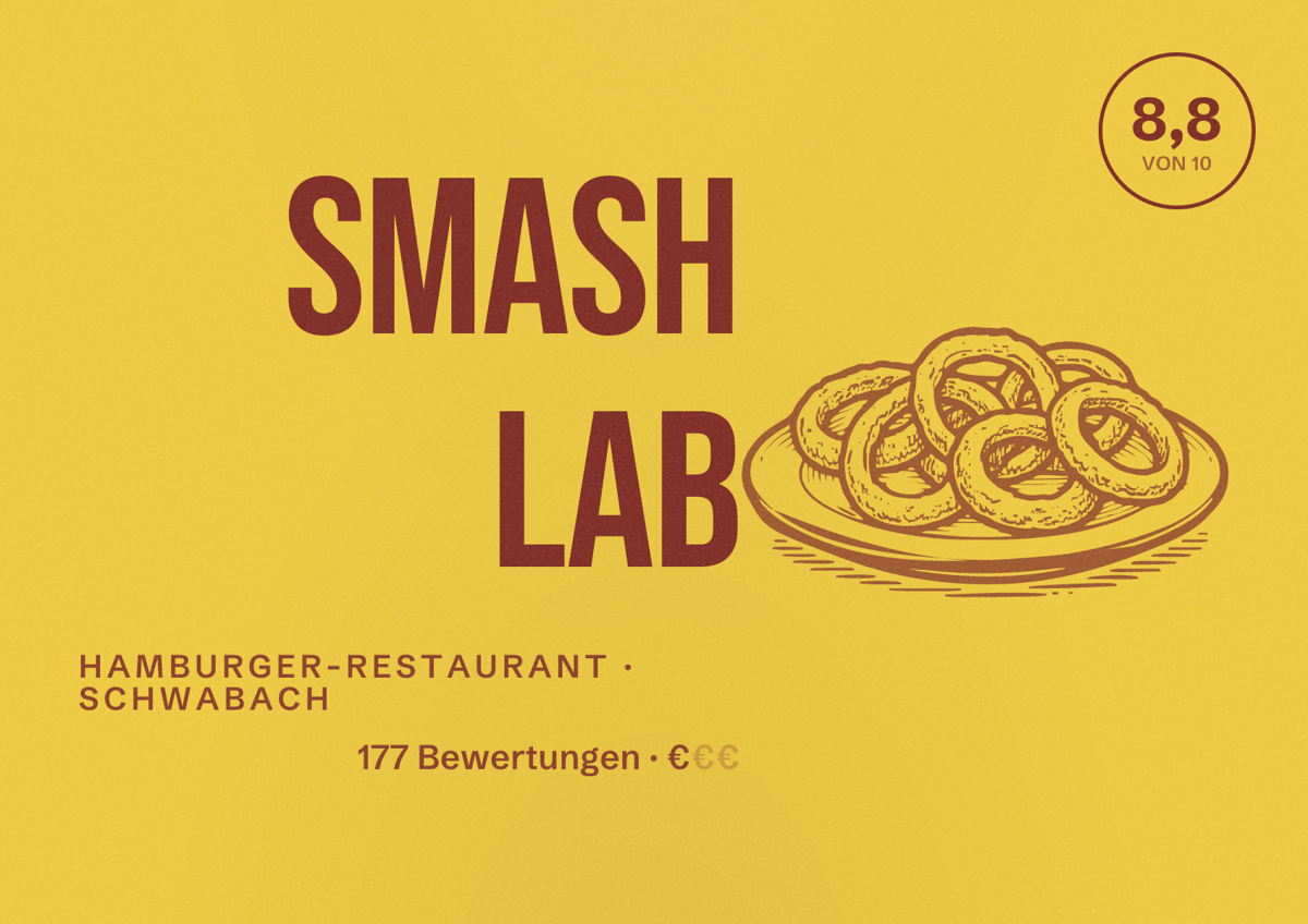 Illustriertes Poster von Smash Lab, Hamburger-Restaurant in Schwabach: Bewertung 8,8 von 10 aus 177 Bewertungen, Preisniveau €
