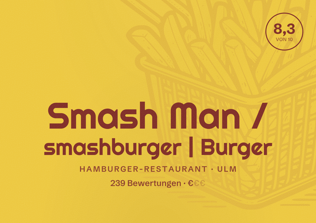 Illustriertes Poster von Smash Man / smashburger | Burger, Hamburger-Restaurant in Ulm: Bewertung 8,3 von 10 aus 239 Bewertungen, Preisniveau €