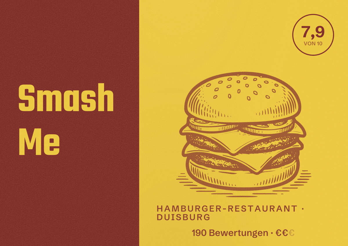 Illustriertes Poster von Smash Me, Hamburger-Restaurant in Duisburg: Bewertung 7,9 von 10 aus 190 Bewertungen, Preisniveau €€