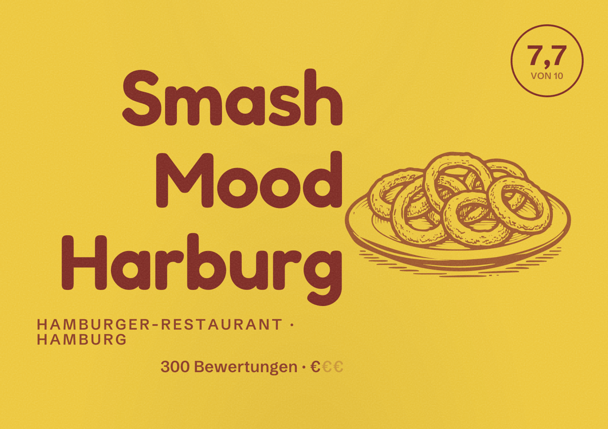 Illustriertes Poster von Smash Mood Harburg, Hamburger-Restaurant in Hamburg: Bewertung 7,7 von 10 aus 300 Bewertungen, Preisniveau €