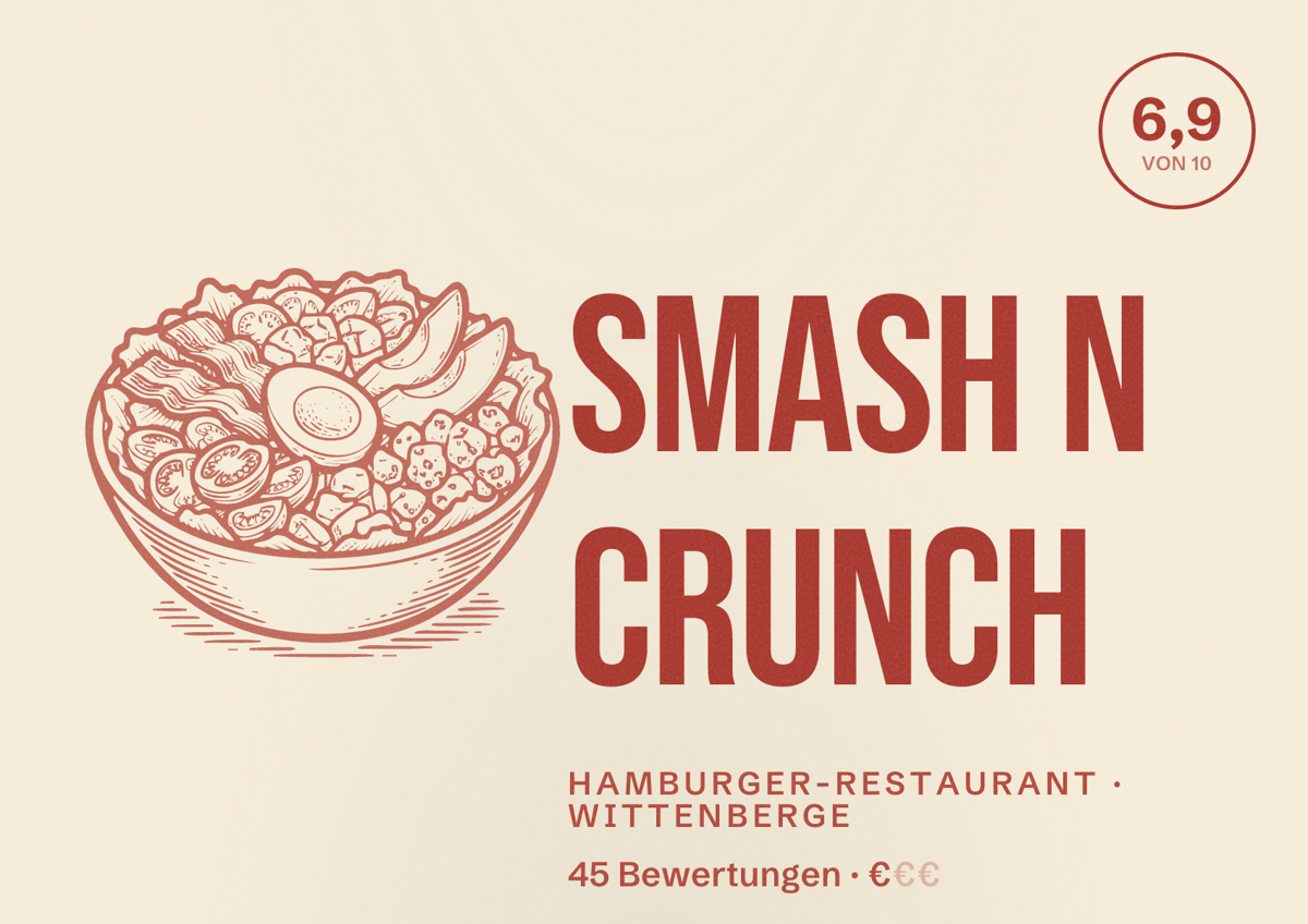 Illustriertes Poster von Smash n Crunch, Hamburger-Restaurant in Wittenberge: Bewertung 6,9 von 10 aus 45 Bewertungen, Preisniveau €