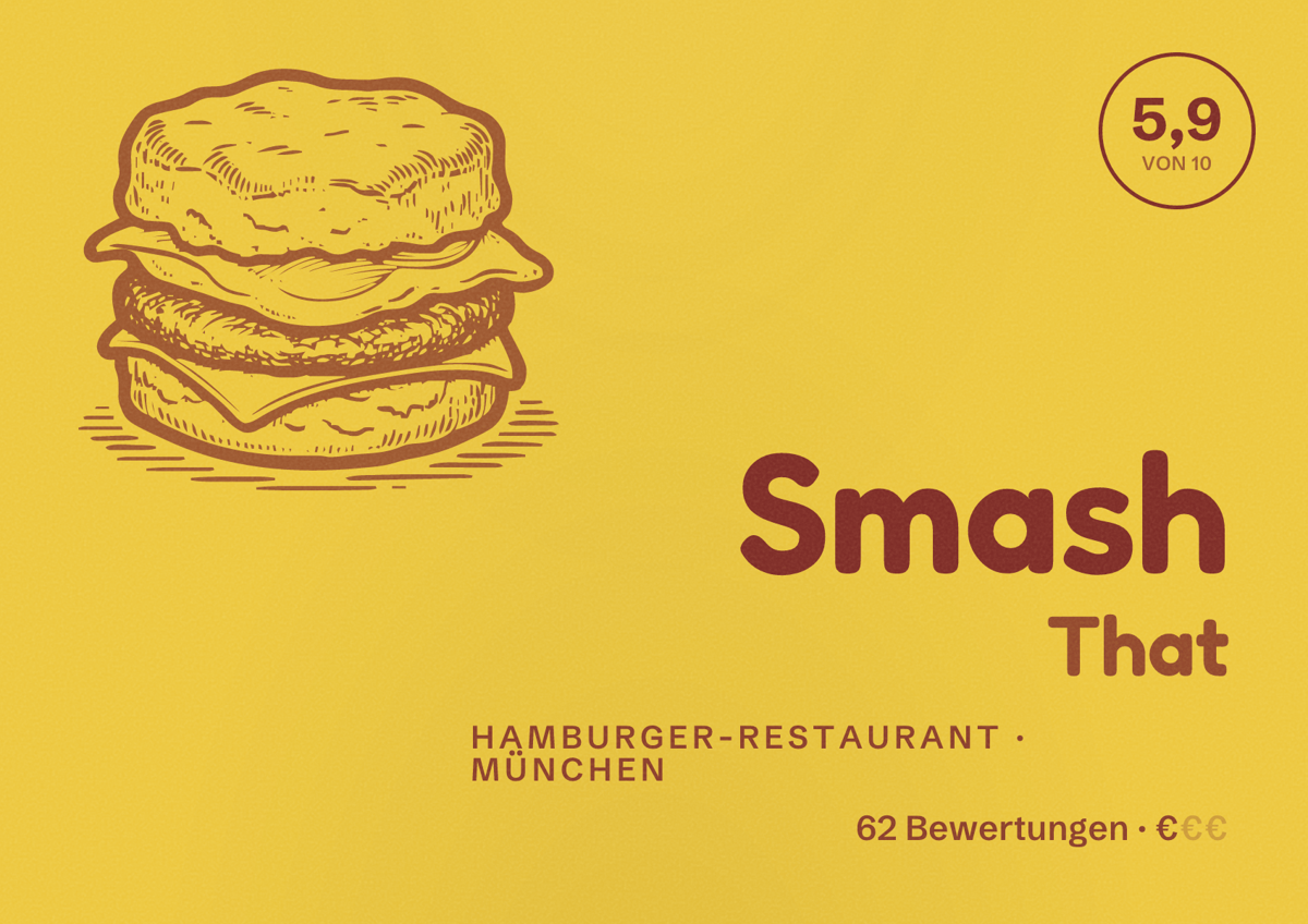 Illustriertes Poster von Smash That, Hamburger-Restaurant in München: Bewertung 5,9 von 10 aus 62 Bewertungen, Preisniveau €