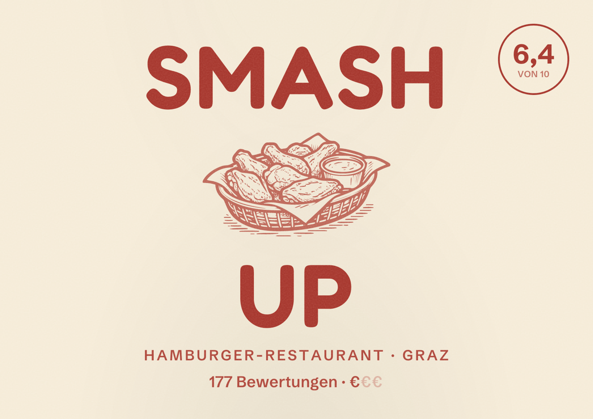 Illustriertes Poster von smash up, Hamburger-Restaurant in Graz: Bewertung 6,4 von 10 aus 177 Bewertungen, Preisniveau €