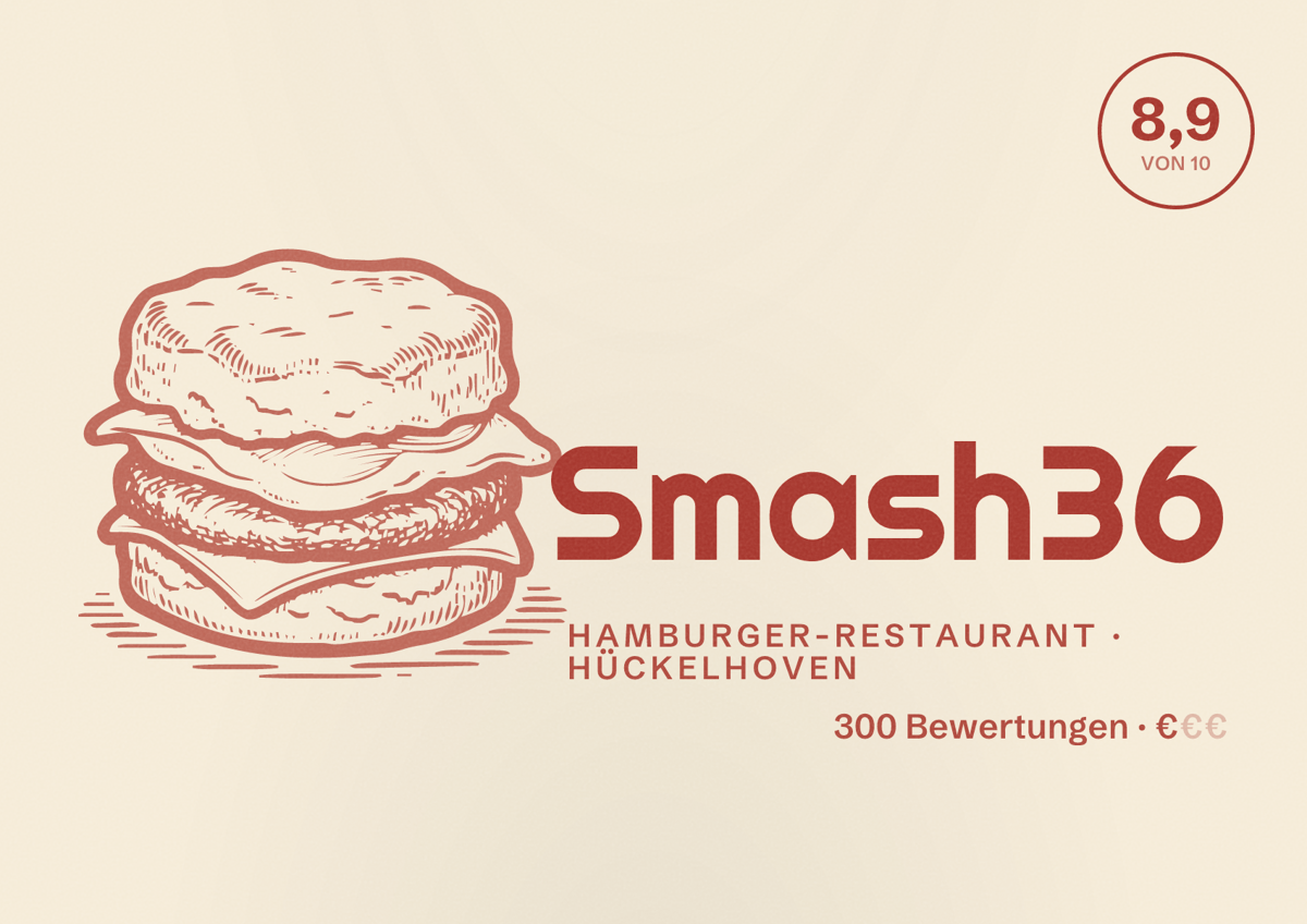 Illustriertes Poster von Smash36, Hamburger-Restaurant in Hückelhoven: Bewertung 8,9 von 10 aus 300 Bewertungen, Preisniveau €
