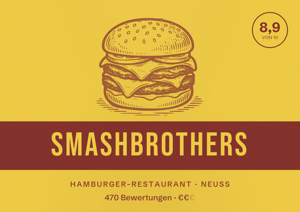 Illustriertes Poster von SmashBrothers, Hamburger-Restaurant in Neuss: Bewertung 8,9 von 10 aus 470 Bewertungen, Preisniveau €€