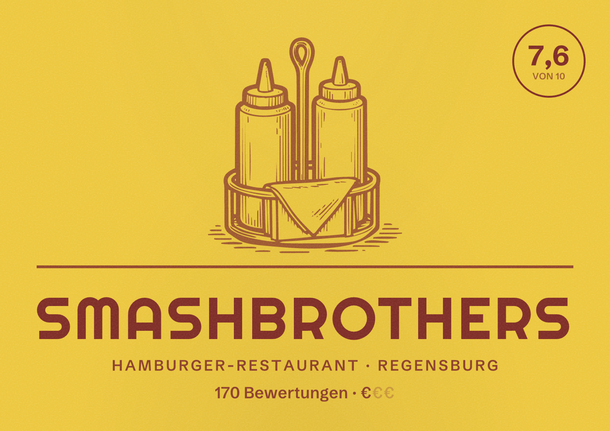 Illustriertes Poster von Smashbrothers, Hamburger-Restaurant in Regensburg: Bewertung 7,6 von 10 aus 170 Bewertungen, Preisniveau €