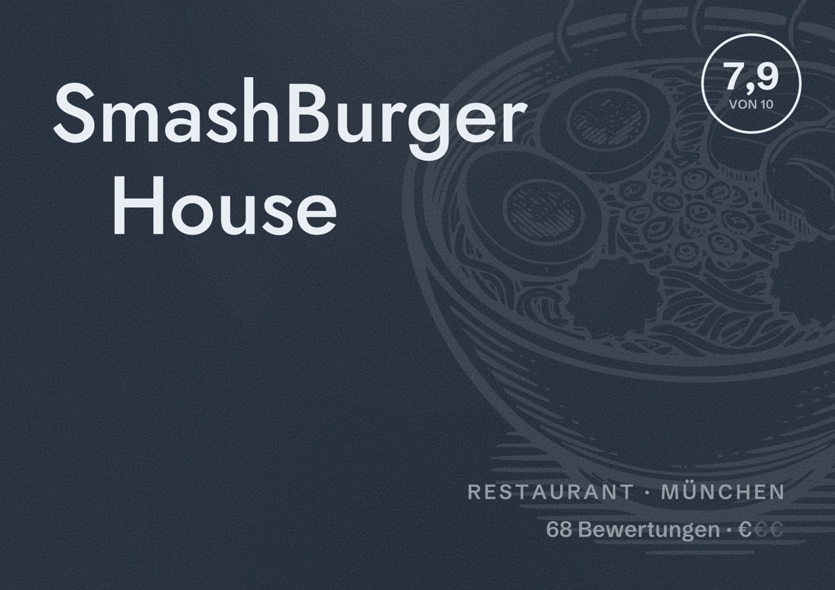 Illustriertes Poster von SmashBurger House, Restaurant in München: Bewertung 7,9 von 10 aus 68 Bewertungen, Preisniveau €