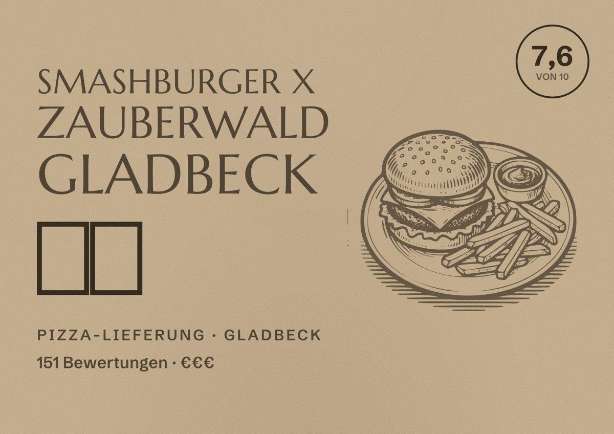 Illustriertes Poster von Smashburger X Zauberwald Gladbeck 🍔🍕, Pizza-Lieferung in Gladbeck: Bewertung 7,6 von 10 aus 151 Bewertungen, Preisniveau €€€