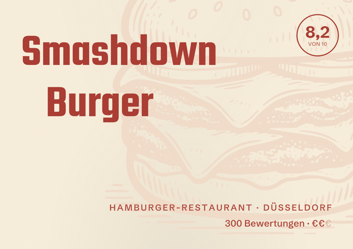 Illustriertes Poster von Smashdown Burger, Hamburger-Restaurant in Düsseldorf: Bewertung 8,2 von 10 aus 300 Bewertungen, Preisniveau €€