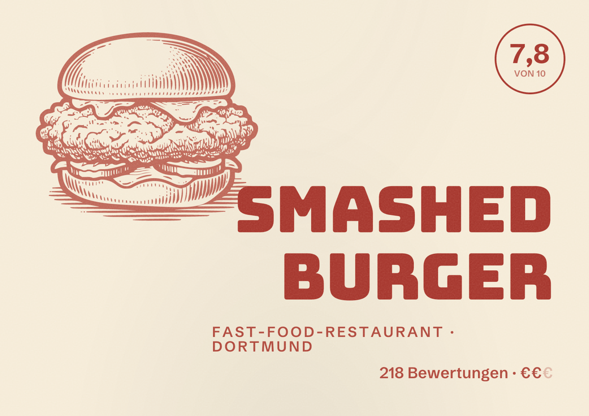 Illustriertes Poster von Smashed Burger, Fast-Food-Restaurant in Dortmund: Bewertung 7,8 von 10 aus 218 Bewertungen, Preisniveau €€