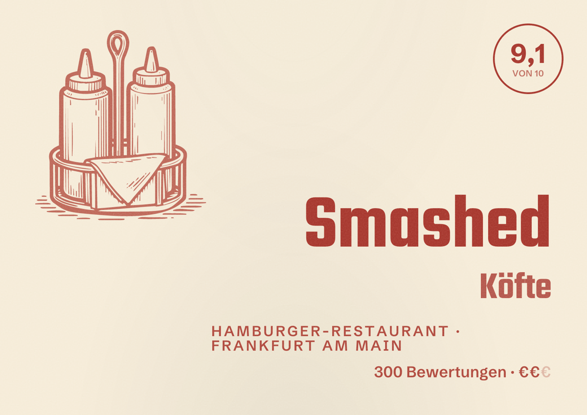 Illustriertes Poster von Smashed Köfte, Hamburger-Restaurant in Frankfurt am Main: Bewertung 9,1 von 10 aus 300 Bewertungen, Preisniveau €€