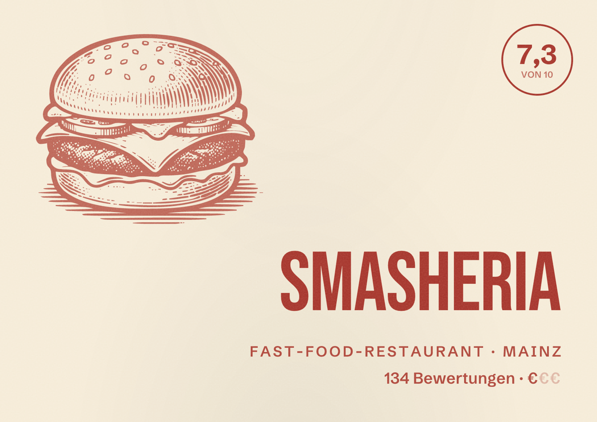 Illustriertes Poster von SMASHERIA, Fast-Food-Restaurant in Mainz: Bewertung 7,3 von 10 aus 134 Bewertungen, Preisniveau €