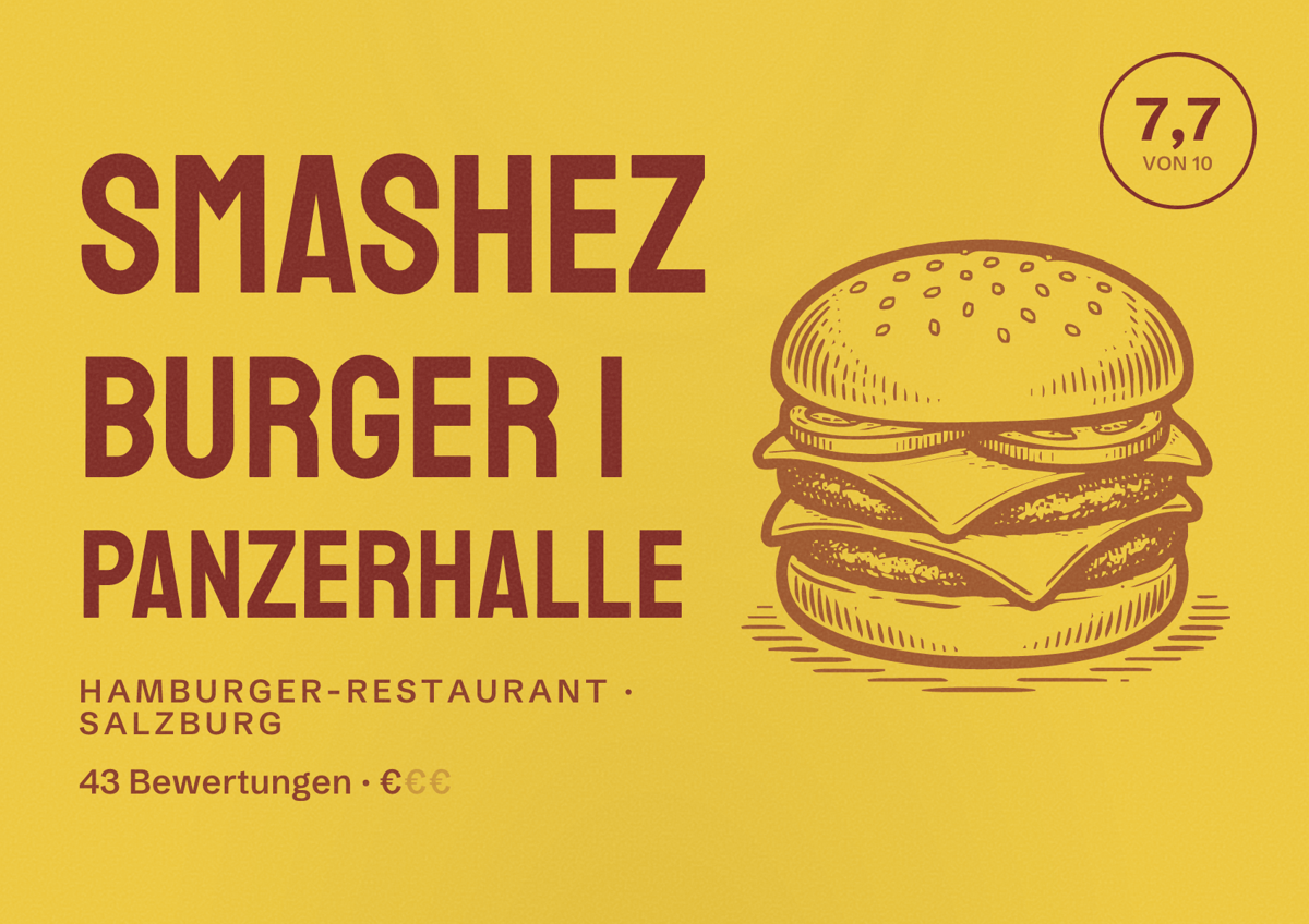 Illustriertes Poster von Smashez Burger | Panzerhalle, Hamburger-Restaurant in Salzburg: Bewertung 7,7 von 10 aus 43 Bewertungen, Preisniveau €
